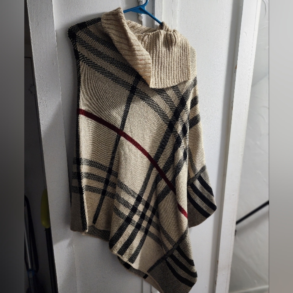 Ladies Ribbed Collar Warp Tartan Ponchos Shawl